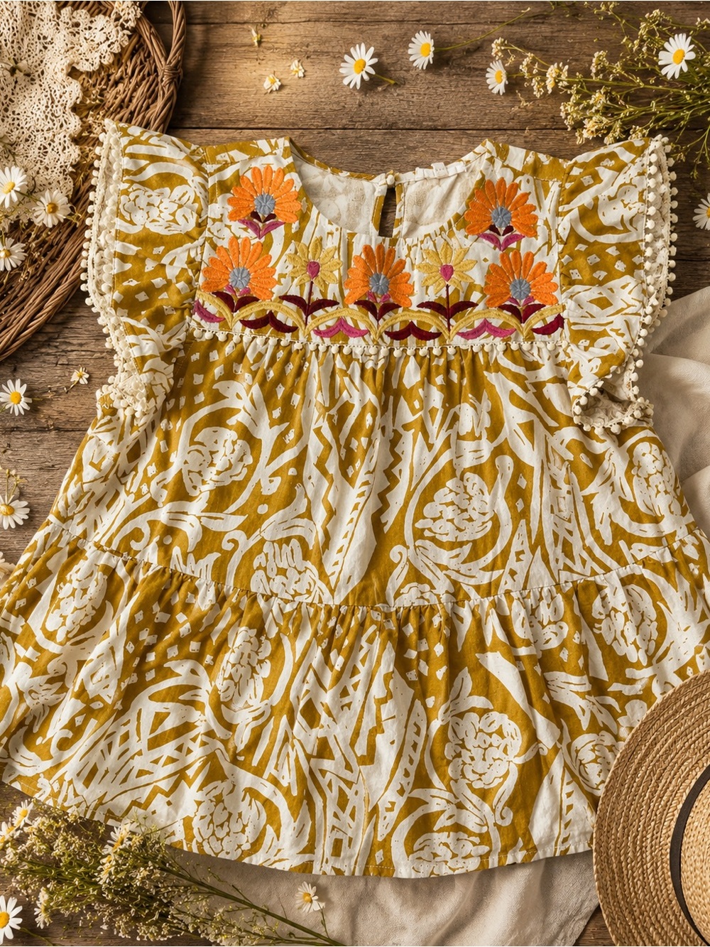 THML Embroidered Floral Boho Babydoll Top Mustard Cotton Small